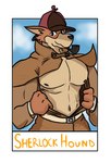 abs anthro biceps clothed clothing fur looking_at_viewer male muscular muscular_anthro muscular_male nipples pecs simple_background smoking_pipe solo standing text topwear ceschi sherlock_hound_(series) sherlock_hound canid canine canis domestic_dog mammal digital_media_(artwork)