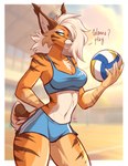 anthro athletic athletic_female ball belly black_nose blue_clothing bottomwear breasts chest_tuft clothing detailed_background fangs female front_view fur fur_markings green_eyes grin hair hand_on_hip holding_object light looking_at_viewer markings navel net orange_body orange_fur smile solo sport standing talking_to_viewer teeth text topwear tuft tufted_ears tufted_fur volleyball volleyball_(ball) volleyball_court volleyball_net volleyball_uniform white_belly white_body white_fur white_hair fuvi felid feline lynx mammal 2024 english_text hi_res lighting shaded