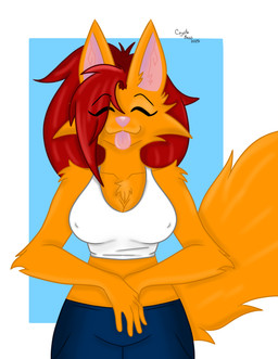 anthro big_breasts bottomwear breasts cleavage clothed clothing female fur hair nipple_outline orange_body pants red_hair simple_background smile solo tail tongue tongue_out topwear tuft wide_hips coyotebass xanny_(coyotebass) canid canine canis coyote mammal absurd_res digital_media_(artwork) hi_res