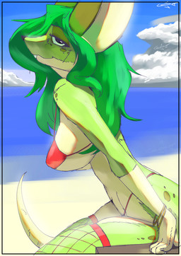 anthro beach breasts clothing female fur green_body hair looking_at_viewer outside sand seaside smile solo swimwear tail topwear water codlam reevie_(reevierat) mammal murid murine rat rodent digital_drawing_(artwork) digital_media_(artwork) hi_res signature