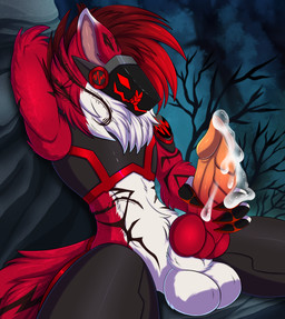 anthro arm_tuft armor aroused balls belly_tuft bodily_fluids breastplate claws cum cybernetic_arm cybernetic_face cybernetic_leg cybernetic_limb detailed_background elbow_tuft finger_claws forest fur fur_markings genital_fluids genitals hair knot knotted_penis leaking_cum licking licking_lips machine male markings neck_tuft night nubbed_penis penis plant ridged_penis solo spiky_hair tail tongue tongue_out tree tuft re-re zetsin arcphous_flamelight_(rarhadus) protogen absurd_res hi_res