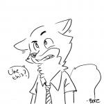 anthro clothed clothing ear_twitch fur humor male necktie simple_background solo text what white_background boreoboros disney zootopia nick_wilde canid canine fox mammal red_fox true_fox 1:1 2016 animated black_and_white digital_media_(artwork) english_text half-length_portrait hi_res line_art monochrome portrait short_playtime