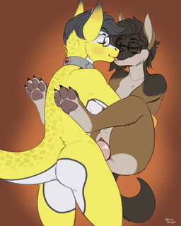 anthro duo eyes_closed eyewear female female_penetrated french_kissing from_front_position genitals glasses gynomorph gynomorph/female gynomorph_penetrating gynomorph_penetrating_female intersex intersex/female intersex_penetrating intersex_penetrating_female kissing legs_up pawpads penetration penile penile_penetration penis penis_in_vagina sex vaginal vaginal_penetration vulva albinodragon fallout microsoft bastiel_(character) tidko canid canine canis jackal mammal night_stalker_(fallout) hi_res