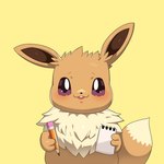 brown_body brown_ears brown_fur brown_tail fur fur_tuft holding_note_pad holding_object holding_pencil note_pad open_mouth pencil_(object) simple_background solo tail teeth tuft yellow_background drunk_oak nintendo pokemon eevee generation_1_pokemon pokemon_(species) 2022