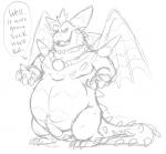 animal_genitalia anthro balls belly bodily_fluids claws dialogue erection genital_fluids genitals jewelry looking_at_viewer male necklace overweight overweight_anthro overweight_male penis precum sheath simple_background solo speech_bubble tail talking_to_viewer text white_background wings unknown_artist activision mythology spyro_reignited_trilogy spyro_the_dragon magnus_(spyro) rescued_dragons_(spyro) dragon mythological_creature mythological_scalie scalie english_text hi_res monochrome sketch