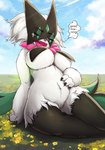 anthro big_breasts breasts dark female field flower genitals grass meadows morning plant pussy sky solo hetomy nintendo pokemon generation_9_pokemon meowscarada pokemon_(species) hi_res