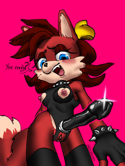 accessory anthro blue_eyes blush bracelet breasts clothing collar female fingerless_gloves genitals gloves hair_accessory hair_ribbon handwear jewelry leotard red_body ribbons solo spiked_bracelet spiked_collar spikes strapon tail vulva fixie archie_comics sega sonic_the_hedgehog_(archie) sonic_the_hedgehog_(comics) sonic_the_hedgehog_(series) fiona_fox canid canine fox mammal hi_res