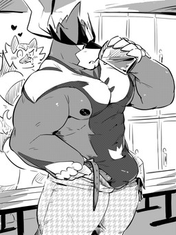 5_fingers abs anthro biceps biped bottomwear bulge clothed clothing detailed_bulge drinking duo fingers incinerator male muscular muscular_anthro muscular_male muscular_thighs open_bottomwear open_clothing open_pants pants pecs solo_focus kozumetako nintendo pokemon generation_7_pokemon generation_8_pokemon incineroar legendary_pokemon pokemon_(species) single_strike_style_urshifu urshifu 2025 3:4 digital_media_(artwork) greyscale hi_res monochrome