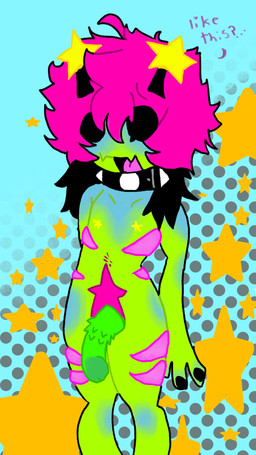 3_fingers alien_genitalia antennae_(anatomy) asking black_nails blue_blush blush body_hair collar collar_only collarbone colored_nails femboy fingers flaccid genitals green_body hair happy_trail leg_scar looking_at_viewer male nails naive_sex nipples not_furry nude penis pink_hair scar sharp_teeth solo spiked_collar spiked_penis spikes spikes_(anatomy) submissive submissive_male teeth thigh_scar wide_eyed young young_male zamantha alien humanoid 9:16 hi_res
