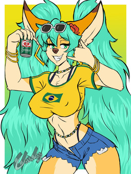 accessory anthro big_ears blue_hair bottomwear bracelet breasts clothing ear_piercing ear_ring ears_up eyebrows eyelashes eyewear female fur green_eyes hair jewelry long_hair looking_at_viewer navel necklace necktie orange_body orange_fur piercing ring_piercing shorts smile smiling_at_viewer solo sunglasses tail teeth teeth_showing chisheq brazilian_miku vocaloid yamaha_corporation hatsune_miku nadia_(chisheq) canid canine fennec_fox fox mammal true_fox hi_res
