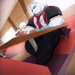 anthro clothing fur male muscular muscular_anthro muscular_male muscular_thighs restaurant school_uniform sitting solo uniform white_body white_fur splash_toru knights_college paul_pfitzner bear mammal polar_bear ursine absurd_res hi_res