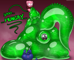 almost_fully_inside ambiguous_gender anal anal_head_gulp anal_vore anthro anus balls big_balls big_butt big_penis big_tail blue_body blue_fur bodily_fluids butt clothing cock_vore cum dialogue ejaculation erection eyes_closed feet_first fur genital_fluids genitals glistening glistening_body green_body grey_body grey_fur group hands-free head_first horn huge_balls huge_penis hyper hyper_balls hyper_genitalia hyper_penis male nervous nervous_sweat nude open_mouth oral_vore orgasm partially_inside penile penis pink_body pink_skin puffy_anus questionable_consent rear_view simple_background size_difference smile sweat tail tail_ridge text tongue two_prey_at_once vore worried worried_look daletfours honeydew_(daletfours) canid canine domestic_pig goo_creature goo_dragon mammal suid suine sus_(pig) absurd_res hi_res