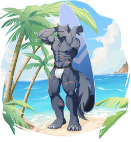 abs anthro barazoku beach biceps black_nipples black_nose blue_sky blue_water bulge chest_tuft claws clothing cloud day eyebrows fangs fur grey_body grey_eyebrows grey_fur jockstrap male muscular muscular_anthro muscular_male navel nipples one_eye_closed outside palm_tree pecs piercing plant purple_eyes ring_piercing rock sand scar scars_all_over sea sky skyscape smile solo standing surfboard tail teeth tree tuft underwear water white_claws wink 567wzh elden_ring fromsoftware blaidd_(elden_ring) ambient_sealife ambient_starfish canid canine canis mammal wolf absurd_res hi_res