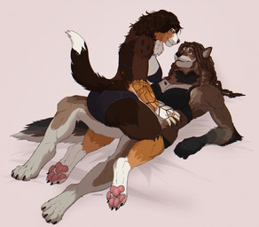 anthro arm_tattoo bra breasts brown_hair claws clothing dipstick_tail dreadlocks duo eye_contact female female/female finger_claws fur hair looking_at_another lying markings multicolored_body multicolored_fur on_back on_lap panties pawpads paws reclining sitting_on_lap tail tail_markings tattoo toe_claws underwear yellow_eyes fudgebane bernese_mountain_dog canid canine canis domestic_dog mammal molosser mountain_dog swiss_mountain_dog wolf 2026 digital_media_(artwork) hi_res