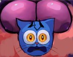 anthro areola big_breasts blue_body blue_fur blue_hair boob_hat breasts duo faceless_character faceless_female female fire fire_in_eyes fur hair huge_breasts i_need_to_suck_mad_titties_rn male male/female nipples nude open_mouth purple_body sad scared scared_expression scared_face shitpost simple_background size_difference whiskers yellow_eyes big-fig turk_(big-fig) domestic_cat felid feline felis mammal digital_media_(artwork) meme