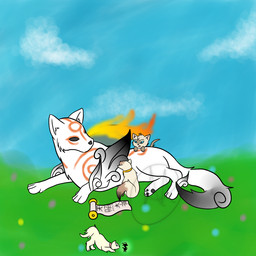 blue_sky climbing_on_another female feral fur fur_markings group male markings paws scroll sky tan_body tan_fur text white_body white_fur fairymoon95 capcom okami_(capcom) pbs sagwa_the_chinese_siamese_cat amaterasu_(okami) dongwa_miao issun_(okami) sagwa_miao sheegwa_miao canid canine canis deity domestic_cat felid feline felis humanoid mammal siamese_cat wolf 1:1 chinese_text crossover
