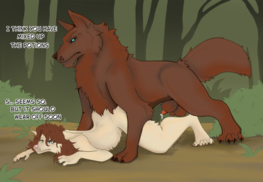 animal_genitalia animal_penis anthro anthro_on_feral balls bestiality blue_eyes bodily_fluids brown_sheath canine_genitalia canine_penis claws detached_sheath duo female female_anthro feral feral_on_top fluffy_balls forest fur genital_fluids genitals green_eyes hair larger_feral larger_male long_hair male male/female male_feral pawpads penis pink_pawpads plant precum precum_bead questionable_consent red_body red_fur sheath sheath_tuft size_difference smaller_anthro smaller_female spotted_nose tan_body tan_fur tree furrymammy foximellian_montanna sariel_kitsune canid canine canis fox mammal wolf hi_res