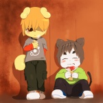 anthro black_hair blonde_hair blush candy chocolate clothing collar dessert duo eating food footwear hair hair_over_eye male one_eye_obstructed shoes slightly_chubby tail yarnjelly canid canine domestic_cat felid feline felis mammal 1:1