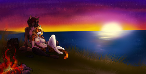 anthro backpack blonde_hair breasts brown_body brown_fur cliff clothed clothing duo female fire fur grass gun hair male male/female markings outside plant ranged_weapon red_hair romantic romantic_ambiance romantic_couple sea seaside sitting spots spotted_body spotted_fur spotted_markings sunset topless water weapon narcotic_sprinkles geno_e._vefa_(coyotek) domestic_cat felid feline felis hyena mammal spotted_hyena 2015 hi_res