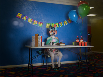 anthro birthday_cake birthday_candle birthday_gift birthday_party cake dessert duo female femboy folding_chair food gift hiding_behind_object horn inside liminal_spaces male red_solo_cup solo_focus wings sanythefox coca-cola the_backrooms rose_(rosethegoat) sany_van_fox bovid caprine goat lagomorph mammal wolpertinger 3d_(artwork) 4:3 digital_media_(artwork) hi_res