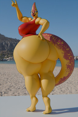 anthro big_breasts big_butt breasts butt clothed clothing female huge_breasts huge_butt huge_thighs hyper hyper_butt looking_back muscular muscular_female non-mammal_breasts presenting presenting_hindquarters solo tail thick_thighs wide_hips raguda pera dinosaur hadrosaurid ornithischian ornithopod parasaurolophus prehistoric_species reptile scalie 2:3 3d_(artwork) absurd_res digital_media_(artwork) hi_res