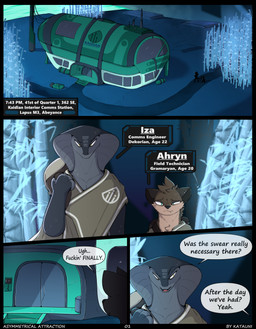 abeyance ahryn_(katauni) anthro bamboo bioluminescence clothed clothing dialogue duo fur glowing iza_(katauni) male open_mouth science_fiction size_difference speech_bubble text tired tired_eyes katauni cobra mammal mustelid musteline reptile scalie snake true_musteline weasel absurd_res comic digital_media_(artwork) english_text hi_res