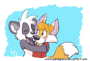 anthro black_nose clothed clothing duo eyes_closed fur grey_body grey_fur hug logo male narrowed_eyes nude open_mouth open_smile red_clothing red_topwear side_view simple_background smile text topwear white_body white_fur yellow_body yellow_fur young young_anthro young_male pandapaco parinton bear canid canine fox giant_panda mammal artist_logo signature url