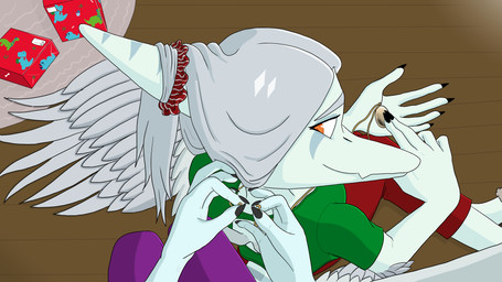 anthro anthro_pov biped blue_body bone_frill bottomwear claws clothing duo elbow_feathers eyebrows feathered_wings feathers female female_pov finger_claws fingers first_person_view frill_(anatomy) green_clothing green_shirt green_topwear grey_body grey_feathers grey_hair hair head_turned high-angle_view humanoid_hands inside jewelry long_hair looking_at_viewer looking_back markings necklace orange_eyes pants purple_bottomwear purple_clothing purple_pants raised_inner_eyebrows rear_view shirt sitting smile striped_markings stripes topwear wings areloch cavemanon_studios goodbye_volcano_high ko_op_(game_developer) snoot_game fang_(gvh) samantha_(snoot_game) prehistoric_species pterodactylus pterosaur reptile scalie 16:9 2024 4k absurd_res colored hi_res widescreen