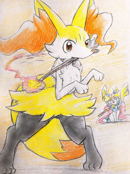 ambiguous_anthro ambiguous_gender anthro big_tail biped digitigrade dipstick_tail duo elemental_manipulation fire fire_manipulation front_view knock-kneed leaning leaning_forward looking_at_viewer markings melee_weapon object_in_mouth paw_pose pose quadruped simple_background sitting solo_focus standing stick_in_mouth sword sword_in_mouth tail tail_markings weapon weapon_in_mouth eiroru nintendo pokemon braixen canid crowned_sword_zacian generation_6_pokemon generation_8_pokemon legendary_pokemon mammal pokemon_(species) zacian 2019 3:4 colored_pencil_(artwork) colored_sketch full-length_portrait graphite_(artwork) hi_res japanese_description portrait sketch traditional_media_(artwork) translated_description