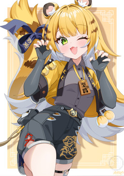 accessory animal_ears belt bent_leg black_bottomwear black_clothing black_shorts blonde_hair bottomwear clothed clothing collared_shirt cute_fangs dress_shirt fangs female fluffy_ears footwear furgonomics gesture green_eyes grey_dress_shirt hair hand_gesture jacket long_hair looking_at_viewer markings one_eye_closed open_clothing open_jacket open_mouth open_topwear ribbons shirt shoes shorts smile solo striped_hair striped_markings striped_tail stripes tail tail_accessory tail_markings tail_ribbon teeth topwear white_hair elegant1266 mihoyo zenless_zone_zero ju_fufu animal_humanoid felid felid_humanoid humanoid mammal mammal_humanoid pantherine pantherine_humanoid thiren tiger_humanoid absurd_res hi_res