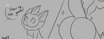 ass_up bent_over butt dialogue feral looking_at_another mouth_closed paws raised_tail simple_background sitting smile sparkles tail breakingcloud nintendo pokemon eeveelution generation_1_pokemon pokemon_(species) vaporeon 2020 digital_drawing_(artwork) digital_media_(artwork) monochrome signature