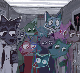 anthro blue_body blue_fur cellphone detailed_background electronics elevator fur group holding_object holding_phone inside male necktie phone smartphone surrealism demensa emil_(demensa) canid canine canis coyote domestic_dog hybrid mammal 2023 hi_res