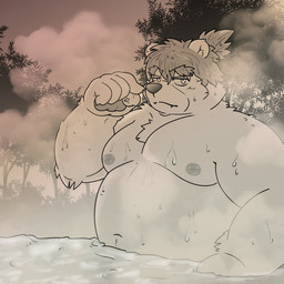 anthro bathing belly big_belly kemono male moobs navel nipples outside overweight overweight_male plant solo steam tree water sangguri_32 bear mammal 1:1 2024 hi_res