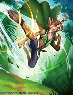 4_fingers anthro antlers belt biped brown_belt brown_body brown_fur cape clothed clothing fingers fur grass green_cape green_clothing hooves horn kick male outside plant solo kemonomichi_(pixiv) bushiroad cardfight!!_vanguard foot_strike_of_twin_horns_staggin deer mammal 2024 official_art