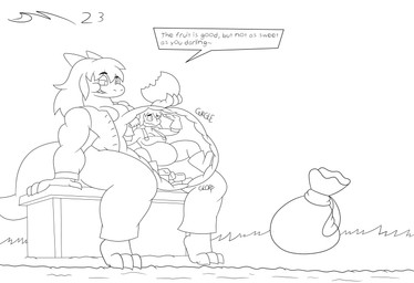anthro bag female food fruit male melon oral_vore plant size_difference tail text vore dirtymac mythology dragon human mammal mythological_creature mythological_scalie scalie absurd_res black_and_white hi_res monochrome