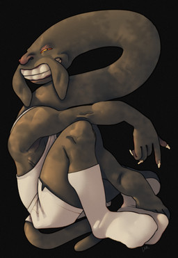 boxers_(clothing) claws clothing footwear humanoid_nose khaki_skin leaning long_neck male muscular muscular_male shirt simple_background sitting skinny smile socks solo tank_top topwear underwear ravuer dark_souls fromsoftware primordial_serpent reptile scalie snake absurd_res hi_res