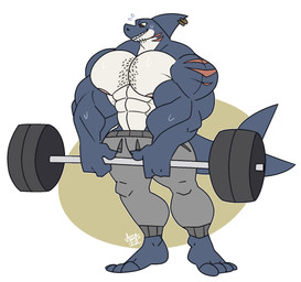 4_toes anthro barbell big_muscles big_pecs bodily_fluids body_hair bottomwear chest_hair clothing countershading deadlift exercise facial_hair feet fin fin_piercing fin_ring front_view furgonomic_piercing furgonomics gills huge_pecs male muscular nipples pants pecs piercing plantigrade solo sweat sweatpants toes weightlifting workout turquoize_art bee_(maybee) aquatic fish shark full-length_portrait hi_res portrait