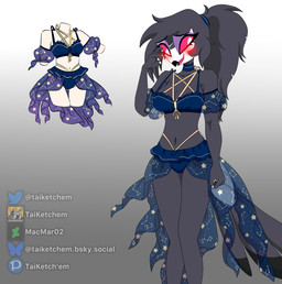 anthro beak bikini black_body black_feathers blush breasts cleavage clothed clothing constellation eyeshadow feather_hair feathers female fingers gradient_background hair legs_together long_hair makeup navel pink_sclera ponytail pseudo_hair simple_background small_waist smile solo star swimwear translucent translucent_clothing two-piece_swimsuit white_eyes white_face taiketchem hellaverse helluva_boss octavia_(helluva_boss) avian avian_demon bird demon owl owl_demon 2025 absurd_res digital_media_(artwork) hi_res
