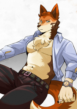 anthro belt black_bottomwear black_clothing black_nose black_pants blue_dress_shirt bottomwear brown_body brown_fur brown_inner_ear_fluff cheek_tuft chest_tuft cigarette clock clothed clothing collared_shirt contempt countershading dress_shirt facial_tuft fur green_eyes hair holding_cigarette holding_object inner_ear_fluff leaning leaning_backward looking_at_viewer male navel neck_tuft noise_filter open_clothing open_shirt open_topwear pants pecs red_body red_fur red_hair shirt short_hair sitting solo tail tan_body tan_fur text topwear tuft watch thesketchfox canid canine canis mammal red_wolf wolf 2024 absurd_res artist_name hi_res