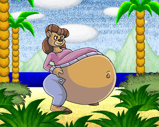 anthro belly big_belly bottomwear breasts brown_body brown_fur brown_hair clothing cloud female fur hair huge_belly hyper hyper_belly navel palm_tree pants plant pregnant pregnant_anthro pregnant_female shrub sky solo sweater thick_thighs topwear tree water virus-20 disney talespin rebecca_cunningham bear mammal 2019 digital_media_(artwork)