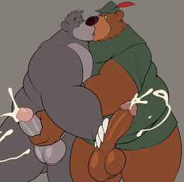 anthro balls bedroom_eyes big_penis bodily_fluids bottomless bottomless_male brown_body brown_fur bycocket clothed clothing cum duo ejaculation erection fur genital_fluids genitals grey_body grey_fur hand_on_penis handjob_while_kissing hat hat_feather head_tuft headgear headwear huge_penis humanoid_genitalia humanoid_penis kissing long_penis loose_feather love_handles making_out male male/male moobs narrowed_eyes nude obese obese_anthro obese_male overweight overweight_anthro overweight_male penis seductive shirt standing thick_arms tongue topwear tuft tunic conditional_dnp erobos disney robin_hood_(disney) the_jungle_book baloo little_john bear brown_bear mammal sloth_bear ursine