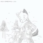 anthro clothed clothing gloves group handwear holidays looking_forward male scarf smile snow snowball snowing solo_focus trio young young_anthro young_male hazumazu christmas haziq_(hazumazu) domestic_cat felid feline felis mammal 1:1 2016 artist_name greyscale hi_res monochrome