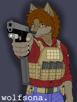 american_flag angry anthro armor belt belt_pouch blue_bottomwear blue_clothing blue_jeans blue_pants body_armor bottomwear brown_hair clothing denim denim_bottomwear denim_clothing extended_mag flag_patch fur gun hair handgun jeans looking_at_viewer magazine male messy_hair multicolored_body multicolored_fur muscular muscular_male pants pistol pointing_gun_at_viewer ranged_weapon red_clothing red_shirt red_topwear rolled_up_sleeves shirt shirt_pocket simple_background solo tactical_gear topwear tucked_shirt two_tone_body two_tone_fur united_states_of_america weapon white_sclera yellow_eyes glock angelo(wolfsona) canid canine canis mammal wolf 3:4 hi_res shaded watermark