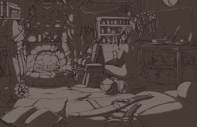 animal_skin armor arrow_(weapon) bag book bottle bow_(weapon) breasts butt container female furniture hair humanoid_pointy_ears inside jar loose_feather melee_weapon not_furry nude paper pointy_ears quill ranged_weapon satchel scabbard scroll shelf sitting solo stool sword text weapon window conditional_dnp jay_naylor elf humanoid 2016 digital_media_(artwork) hi_res monochrome shaded url