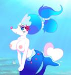 anthro areola big_breasts blue_eyes breasts clothed clothing cocaine-leopard conditional_dnp embarrassed eyelashes female fish generation_7_pokemon group looking_at_viewer marine navel nintendo nipples open_mouth pink_nose pokemon pokemon_(species) primarina solo_focus split_form toony topless underwater water