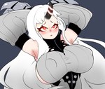 big_breasts black_horn blush breasts clothed clothing female hair horn huge_breasts long_hair looking_pleasured nipple_outline red_eyes simple_background solo white_hair lurkin kantai_collection harbour_princess horned_humanoid humanoid shinkaisei-kan 2023 hi_res