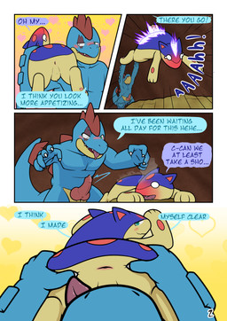 4_panel_comic 5_fingers animal_genitalia animal_penis anthro anthro_on_anthro anus backsack balls bed biped blue_body blue_fur blue_skin blush blushing_profusely bodily_fluids border butt claws crocodilian_penis dialogue dripping duo ellipsis erection exclamation_point eye_scar facial_scar feral finger_claws fingers fire fur furniture genital_fluids genital_slit genitals green_eyes heart_symbol high-angle_view imminent_oral imminent_rimming interspecies looking_at_another looking_at_viewer looking_back looking_back_at_another looking_back_at_viewer male male/male nude open_mouth page_number penis perineum pink_anus pink_penis precum precum_drip rear_view scar screaming size_difference spread_anus spread_butt spreading standing steam surprised tail tan_body tan_fur tan_perineum teeth text thrown_onto_bed tongue tongue_out white_border ferzdracroc nintendo pokemon pokemon_mystery_dungeon spike_chunsoft hagure_(ferzdracroc) lorel_(ferzdracroc) crocodilian feraligatr generation_2_pokemon pokemon_(species) quilava reptile scalie 2025 comic digital_drawing_(artwork) digital_media_(artwork) english_text hi_res