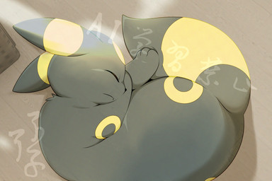 ambiguous_gender black_body black_fur curled_up eyes_closed feral fur kemono lying on_ground on_side sleeping solo hirochanu nintendo pokemon eeveelution generation_2_pokemon pokemon_(species) umbreon 2026 3:2 distracting_watermark hi_res watermark