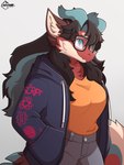 anthro band_hoodie clothing eyewear female fluffy fluffy_tail fur horn jacket scrip simple_background solo sunglasses tail topwear auveiss mythology vyse_renata dragon furred_scalie hybrid mythological_creature mythological_scalie scalie hi_res signature