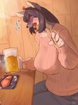 5_fingers alcohol anthro beer beer_mug beverage big_breasts biped black_bottomwear black_clothing black_hair black_pants blush blush_lines bottomwear breasts chopsticks clothed clothing drunk female fingers food fully_clothed fur grey_body grey_fur hair huge_breasts inside kemono looking_at_viewer open_mouth pants pink_clothing pink_sweater pink_topwear sitting snout solo steam substance_intoxication sweater text tongue tongue_out topwear tubasa canid canine canis mammal wolf 2024 absurd_res hi_res japanese_text signature